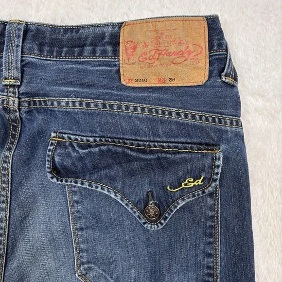 Ed Hardy Jeans Mens 36x32 Blue Distressed Splatter Straight Flap Pockets Whisker - Picture 7 of 16